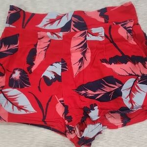 Red Leaf Print High-Waisted Shorts